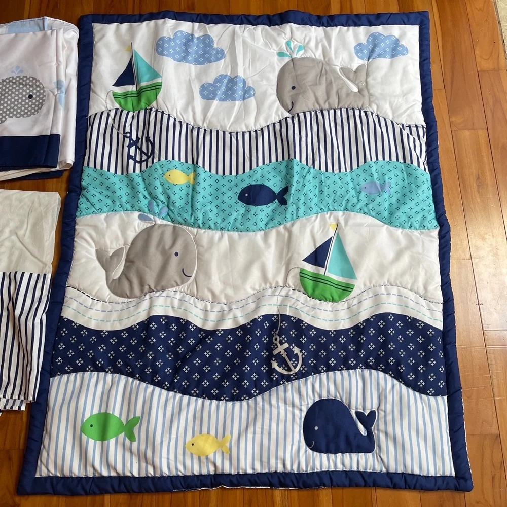 Nursery crib set Nautical Baby Quilt & 2 Crib Skirts BOAT ANCHOR WHALE S…